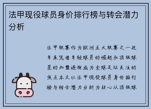 法甲现役球员身价排行榜与转会潜力分析