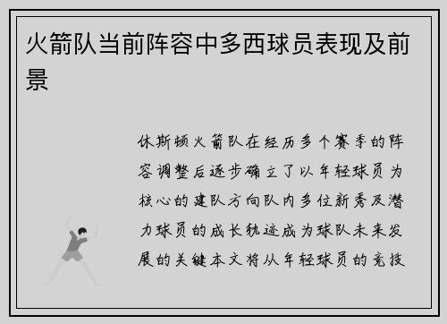 火箭队当前阵容中多西球员表现及前景